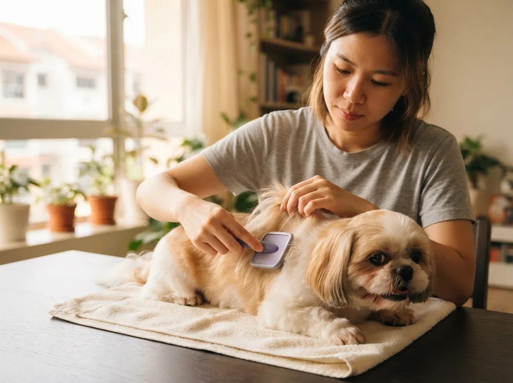 Owner line brushing a Shih Tzu coat section by section on a towel at home