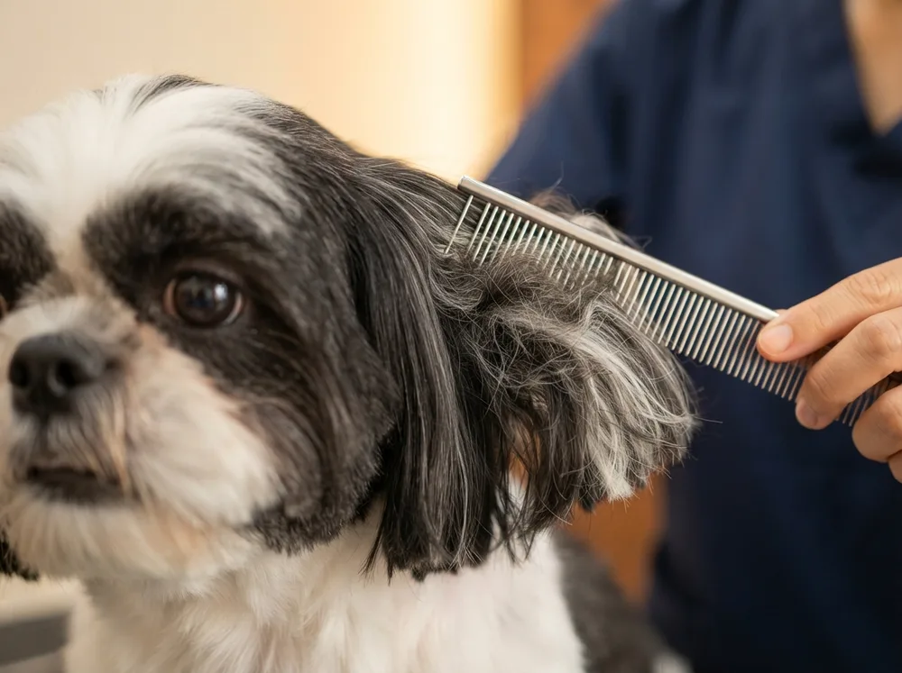 Close view of a comb working through a matted section behind a Shih Tzu ear
