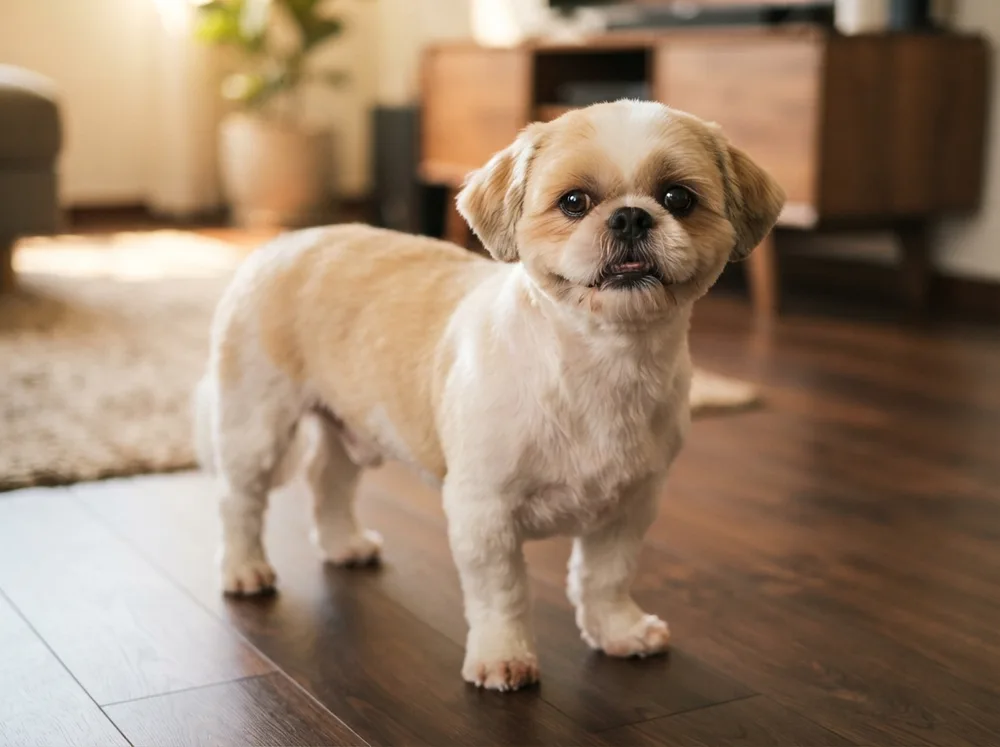 Shih Tzu with a freshly finished short puppy cut standing on a dark floor