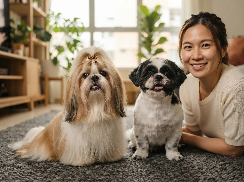 Shih Tzu with a top knot and long coat beside a Shih Tzu in a short teddy trim