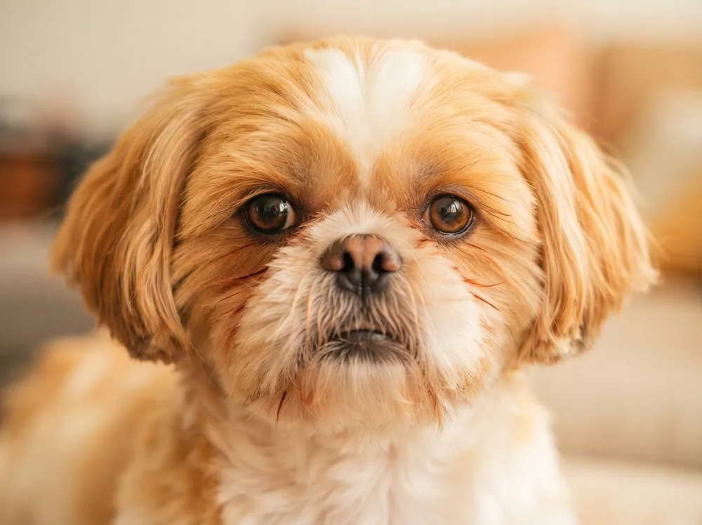 Close view of a gold and white Shih Tzu face showing light staining below the eyes