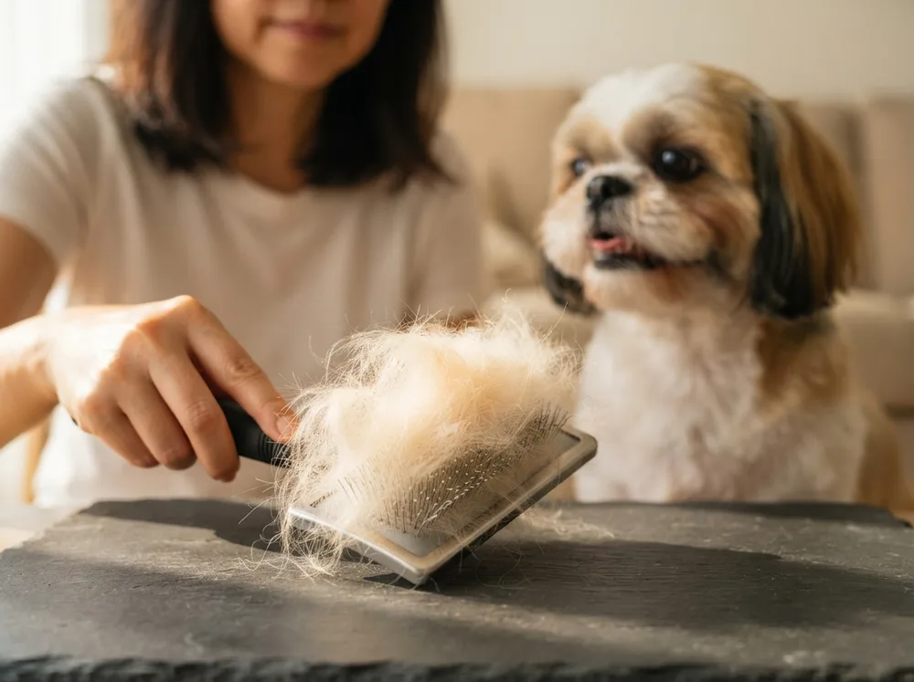Slicker brush holding loose Shih Tzu coat after a brushing session