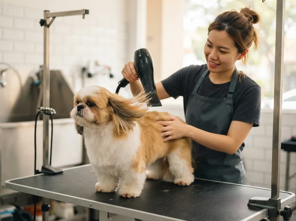 Shih Tzu being blow dried on the table at a Singapore grooming salon