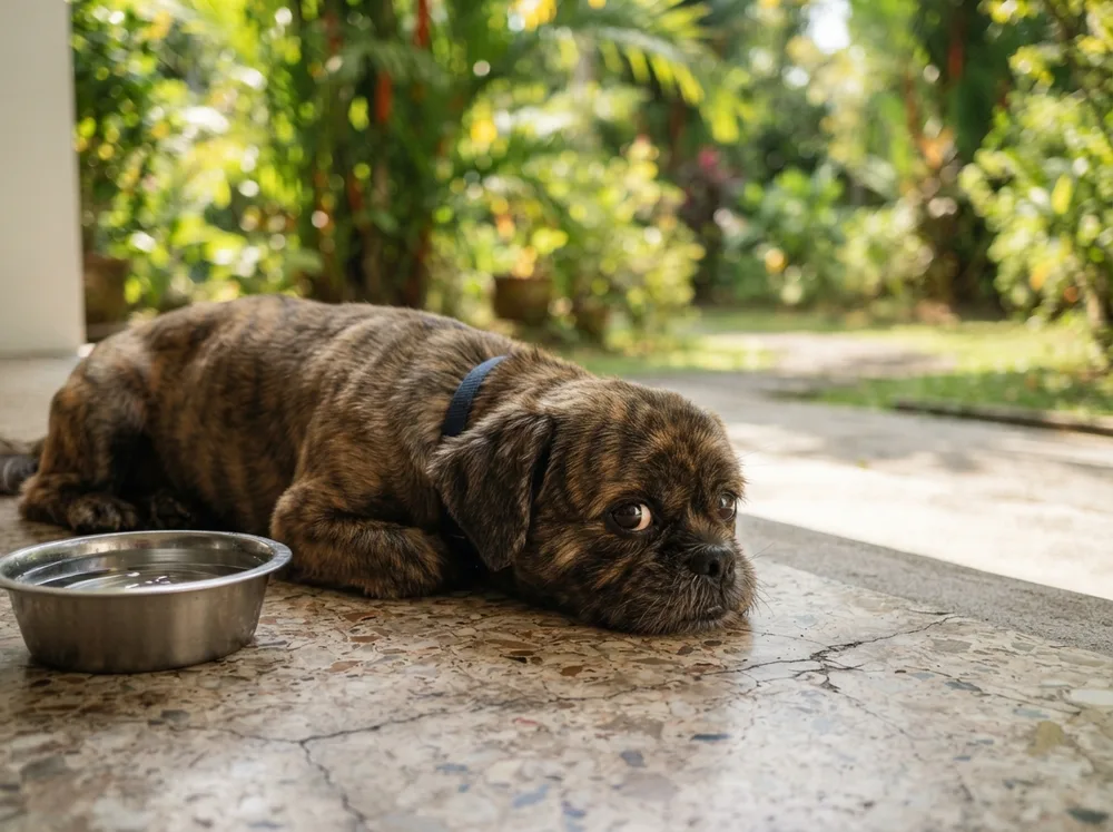 Shih Tzu resting in the shade beside a water bowl after an early morning walk