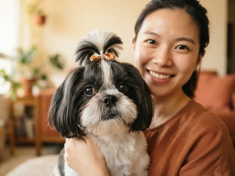 Close view of a Shih Tzu face with clear bright eyes and the coat tied up in a top knot
