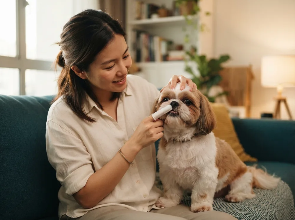 Owner brushing a Shih Tzu teeth with a finger toothbrush on a sofa