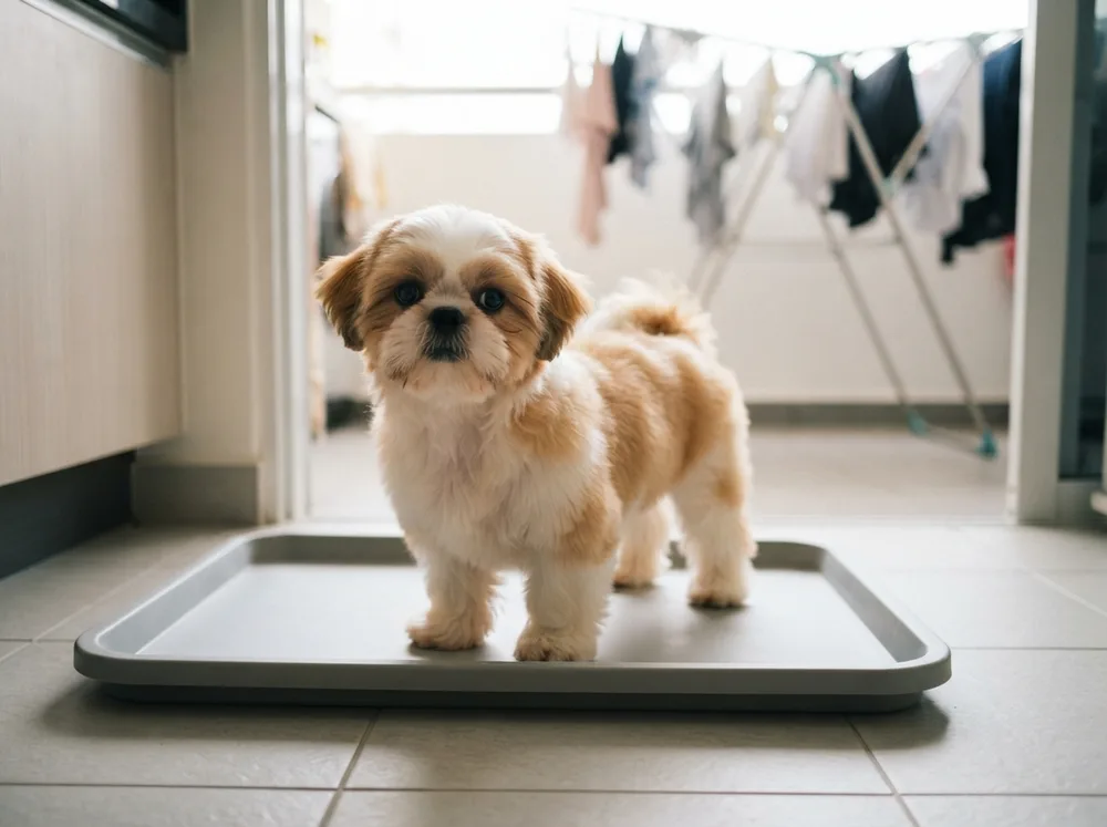Shih Tzu puppy on a pee tray beside a service yard door in a Singapore flat
