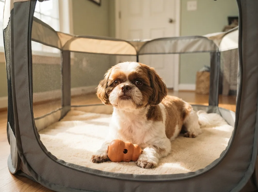 Shih Tzu resting calmly in a playpen with a food puzzle toy