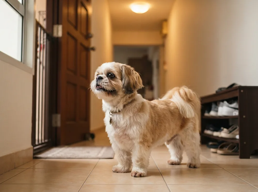 Alert Shih Tzu looking toward a flat door from the hallway
