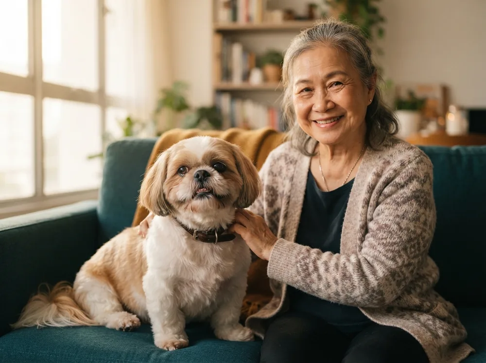 Shih Tzu sitting calmly on a sofa beside an older Singaporean Chinese owner