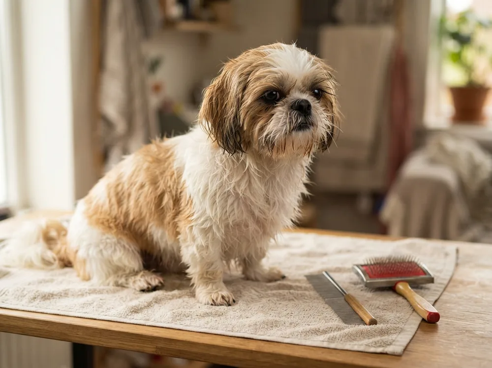Shih Tzu mid groom with a slightly rumpled coat and an unimpressed expression