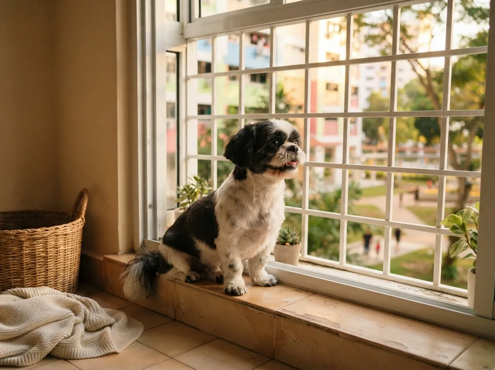 Shih Tzu looking out of an HDB flat window in warm afternoon light