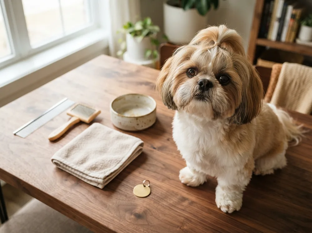 Shih Tzu beside grooming tools, a food bowl and a licence tag arranged on a table
