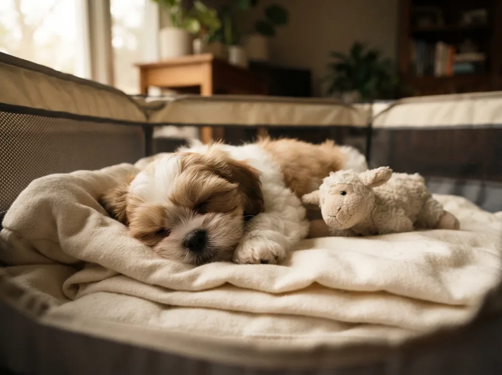 Shih Tzu puppy asleep in a playpen on its first night home