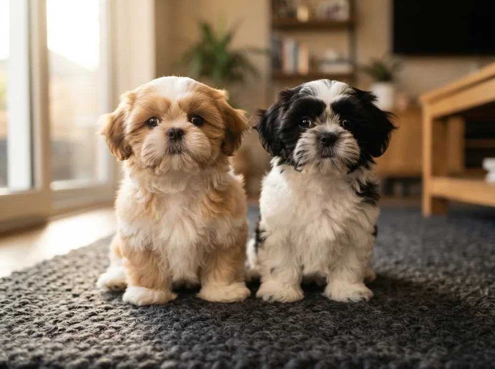 Two Shih Tzu puppies sitting side by side on a dark rug