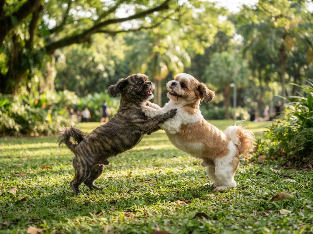Two adult Shih Tzus playing together on a shaded lawn
