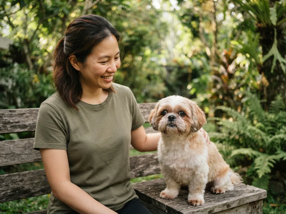 Adult Shih Tzu with a grown out coat sitting beside a foster carer