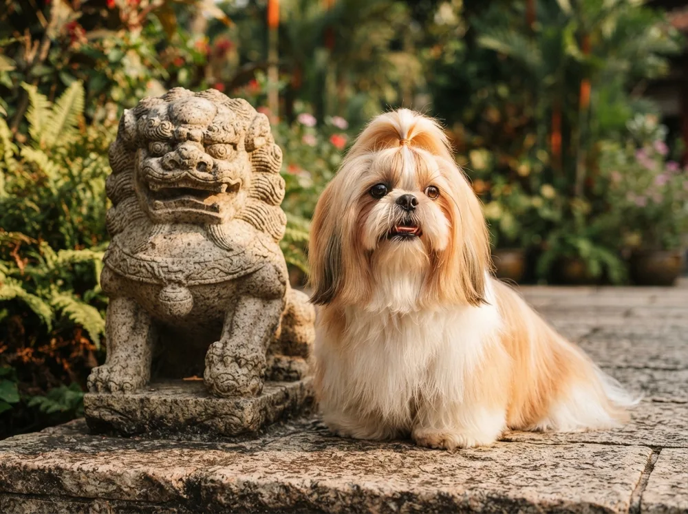 Shih Tzu sitting beside a stone temple lion figure in a Singapore garden