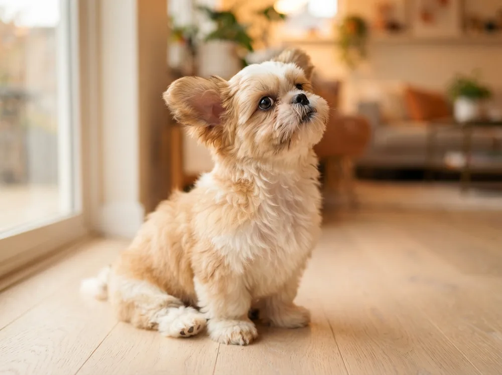 Shih Tzu puppy looking up attentively as if answering to its name