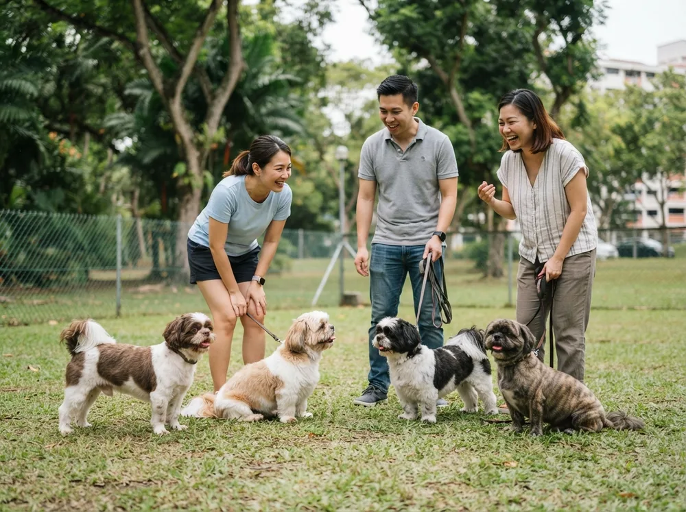 Several Shih Tzus and their owners gathered at a shaded Singapore dog run