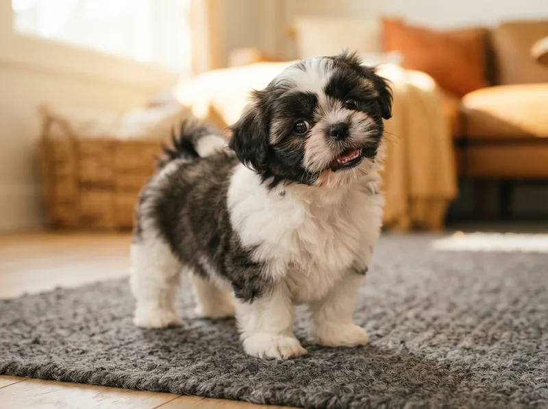 Black and white Shih Tzu puppy standing with head tilted, for sale in Singapore
