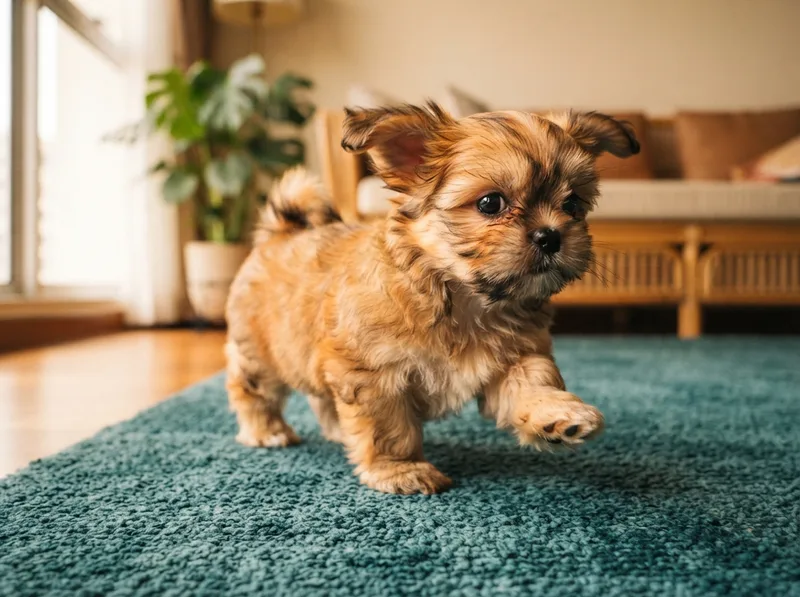 Brindle Shih Tzu puppy mid-step with front paw raised on a living room floor, for sale in Singapore