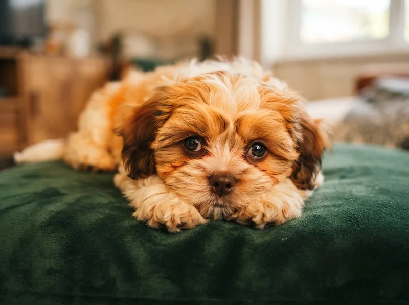 Liver and white Shih Tzu puppy lying down with chin on paws, for sale in Singapore
