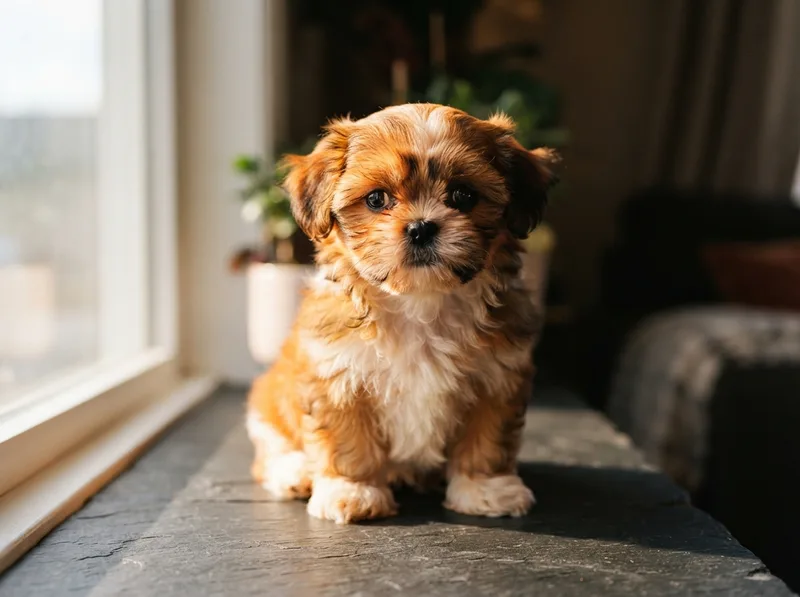 Red and white Shih Tzu puppy looking at the camera by window light, for sale in Singapore