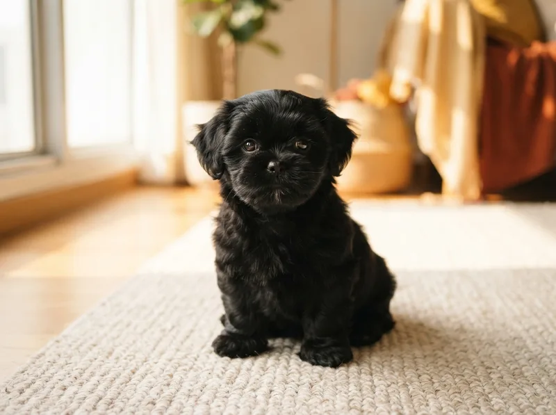 Solid black Shih Tzu puppy sitting on a rug in a Singapore flat, for sale in Singapore
