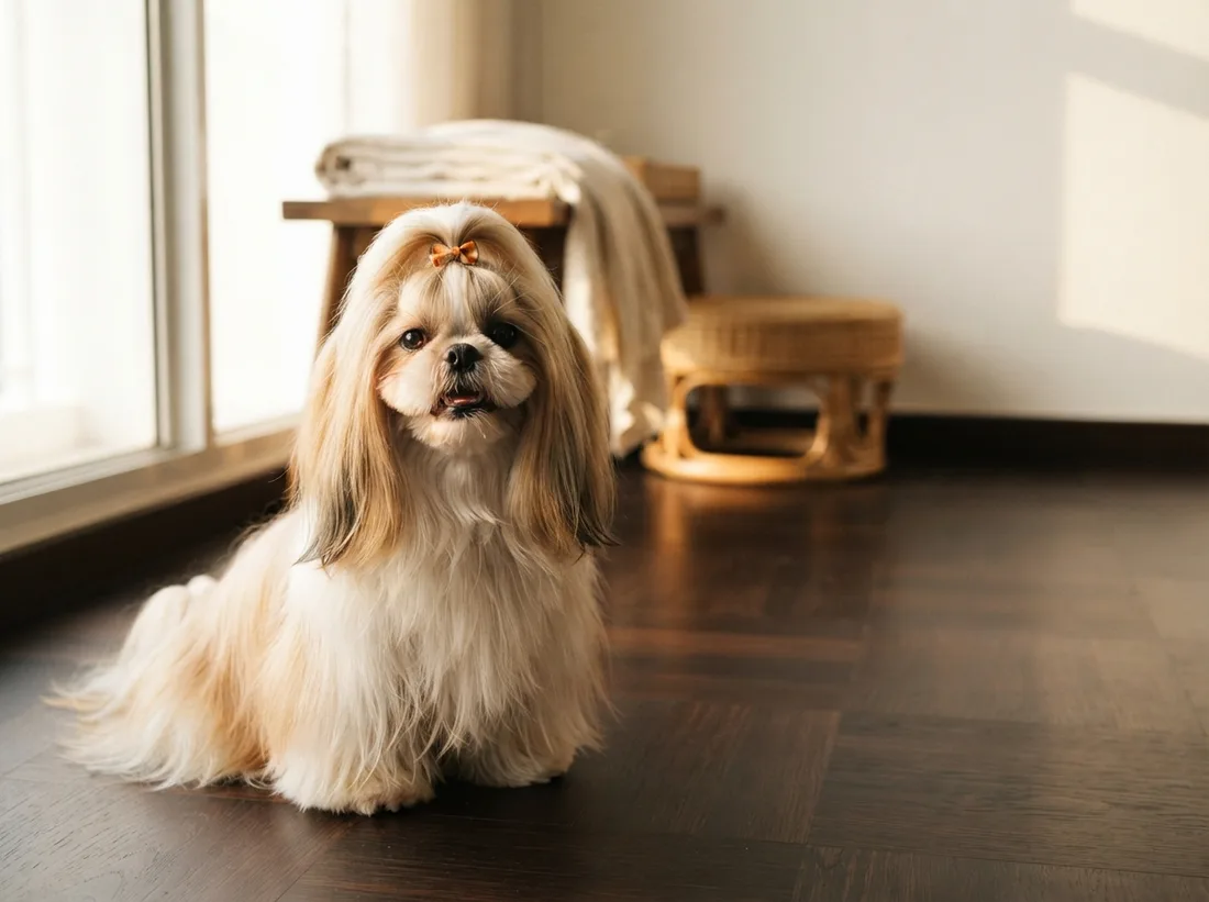 Gold and white Shih Tzu with a top knot sitting on dark parquet in a bright Singapore flat