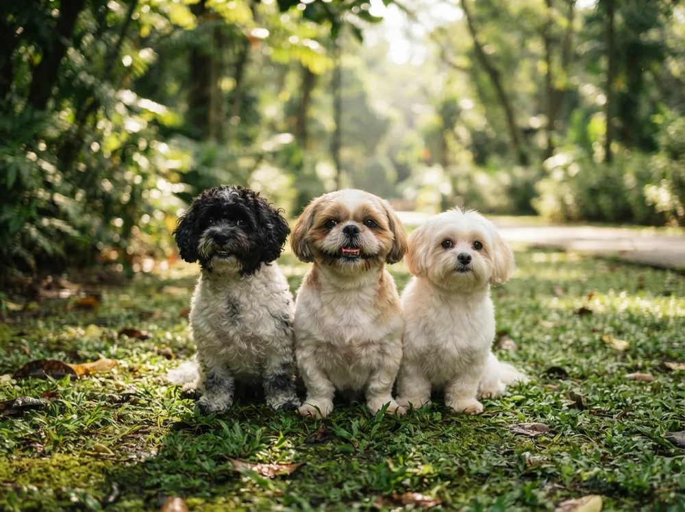 Shih Tzu sitting between a Shih Poo and a Malshi on a shaded lawn