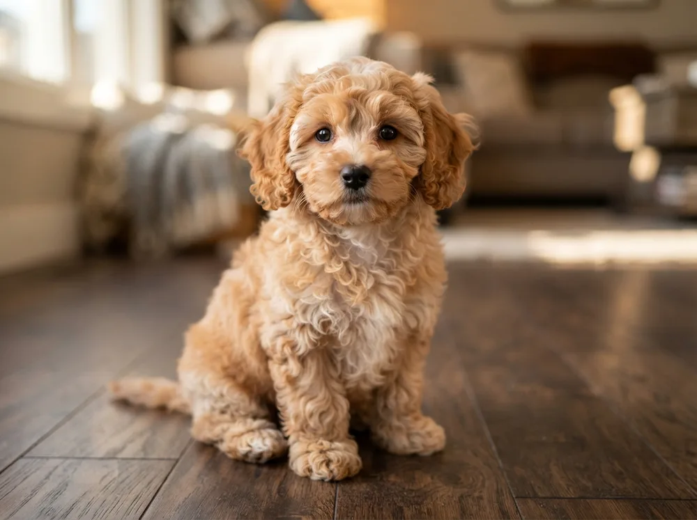Curly coated Shih Poo puppy sitting on a dark wooden floor