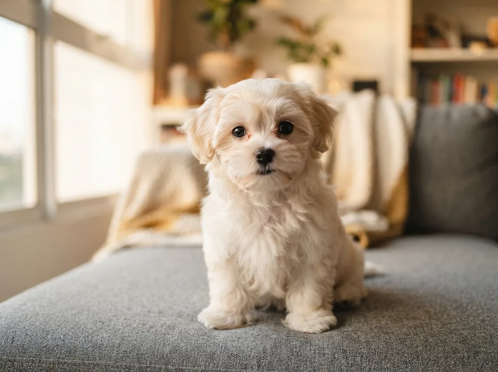 Small white and cream Malshi puppy sitting on a grey fabric sofa