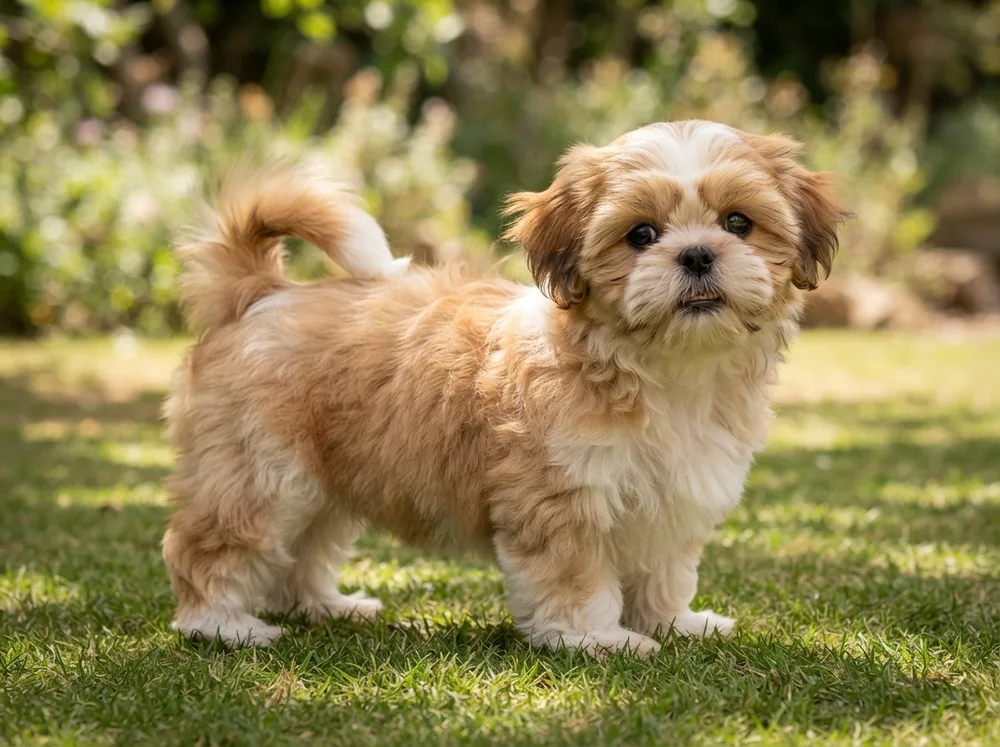 Fluffy Pomshi puppy with a plush double coat standing on green grass