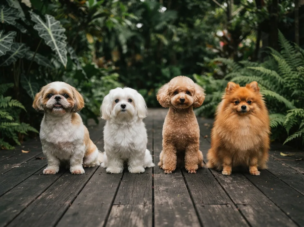 Shih Tzu sitting in a row with a Maltese, a toy Poodle and a Pomeranian
