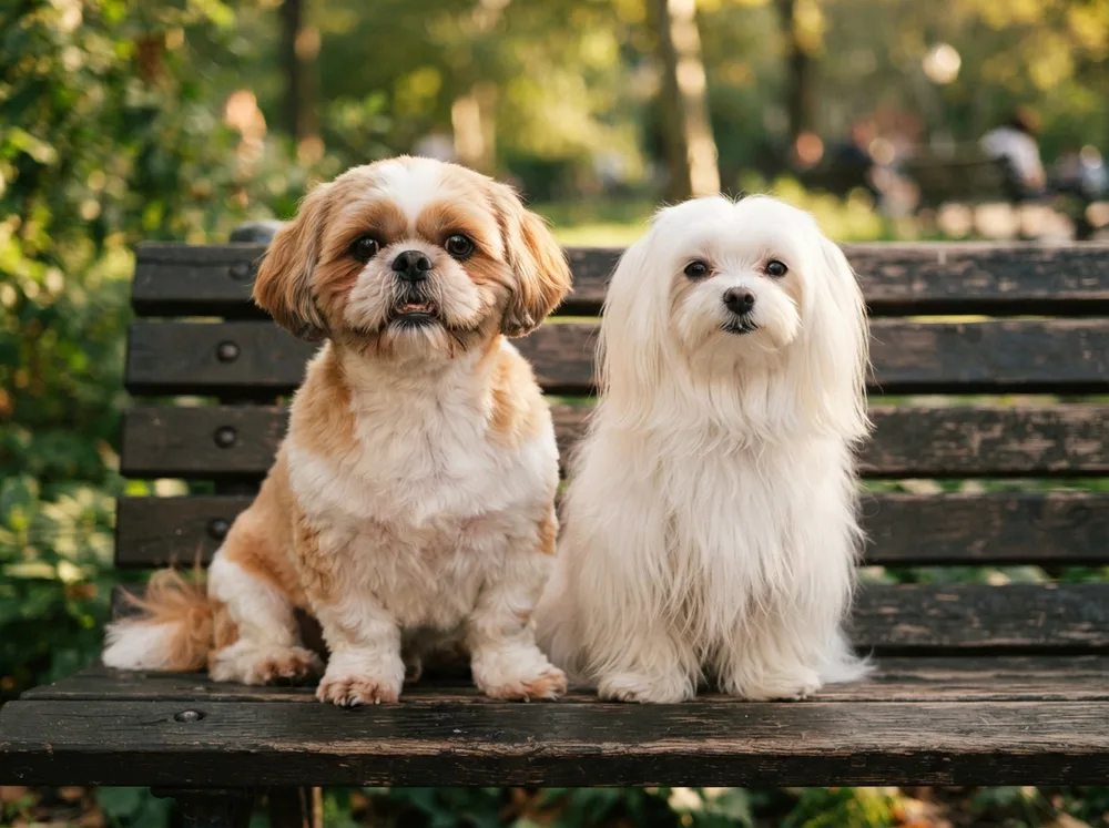Gold and white Shih Tzu beside a silky coated white Maltese on a dark bench