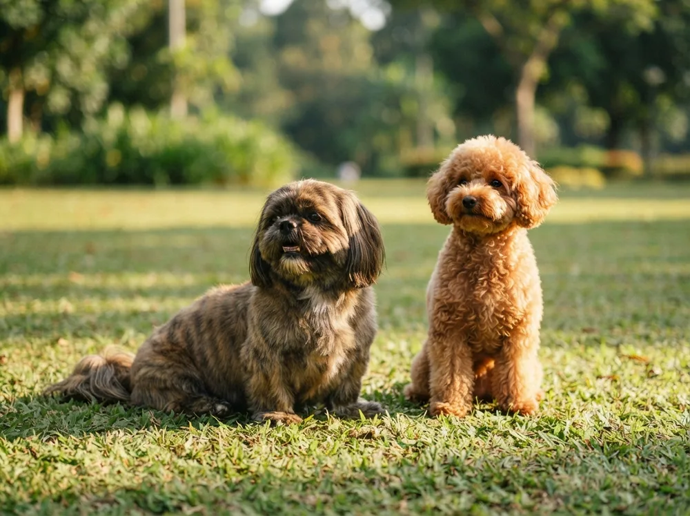 Shih Tzu beside an apricot toy Poodle sitting on short green grass
