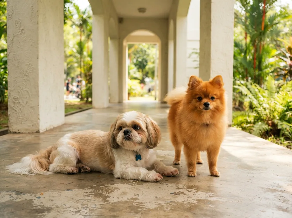 Calm Shih Tzu beside an alert orange Pomeranian on a shaded walkway