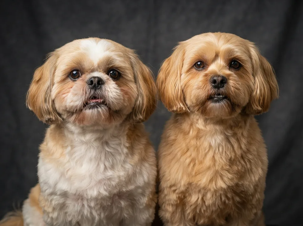 Shih Tzu beside a Lhasa Apso showing the difference in muzzle length and head shape