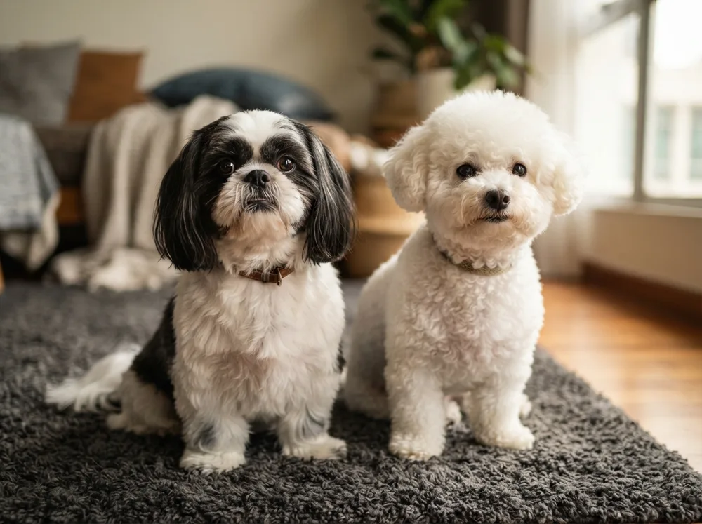 Straight coated Shih Tzu beside a curly coated white Bichon Frise on a dark rug