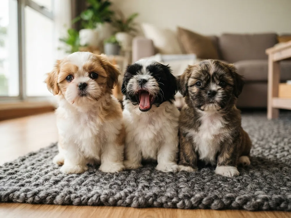 Gold and white Shih Tzu puppy with clear bright eyes sitting on a warm living room floor in Singapore