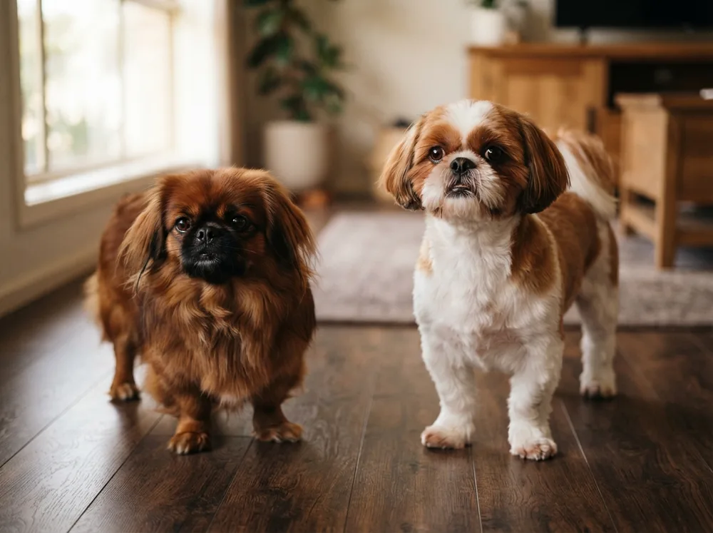 Pekingese beside a Shih Tzu showing the difference in build and coat fall