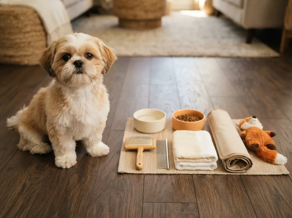 Shih Tzu puppy beside a 30 item puppy starter kit laid out on a wooden floor