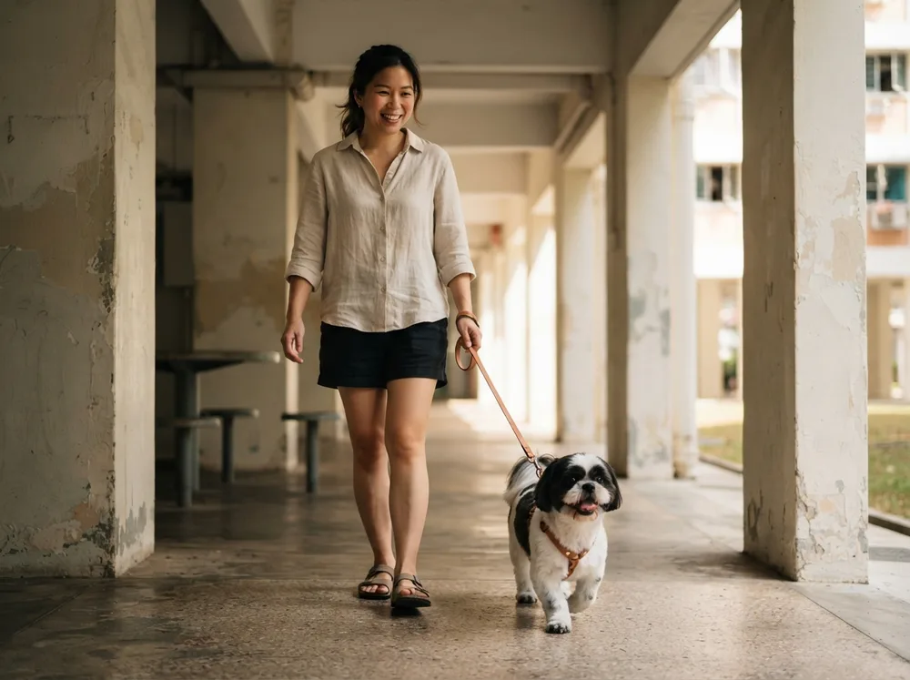 Shih Tzu on a lead walking through a shaded HDB void deck in Singapore