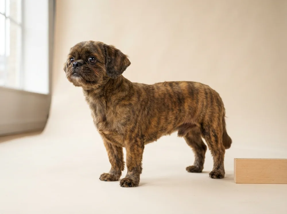 Correctly proportioned adult Shih Tzu standing in profile beside a measuring tape on a mat
