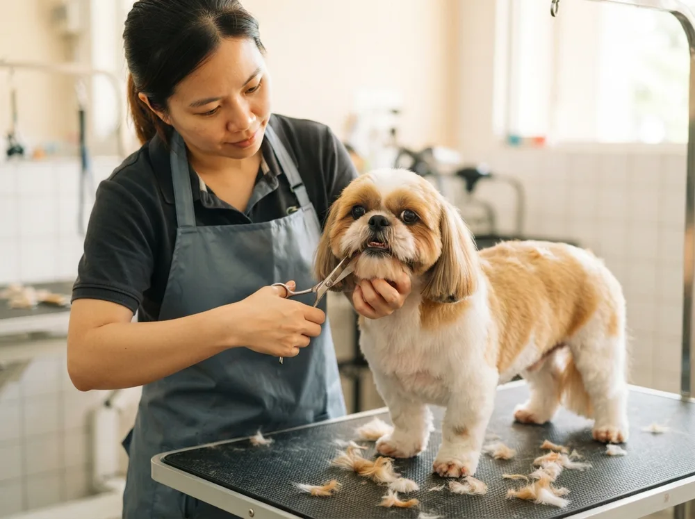 Shih Tzu on a grooming table mid trim with scissors shaping the coat around the face