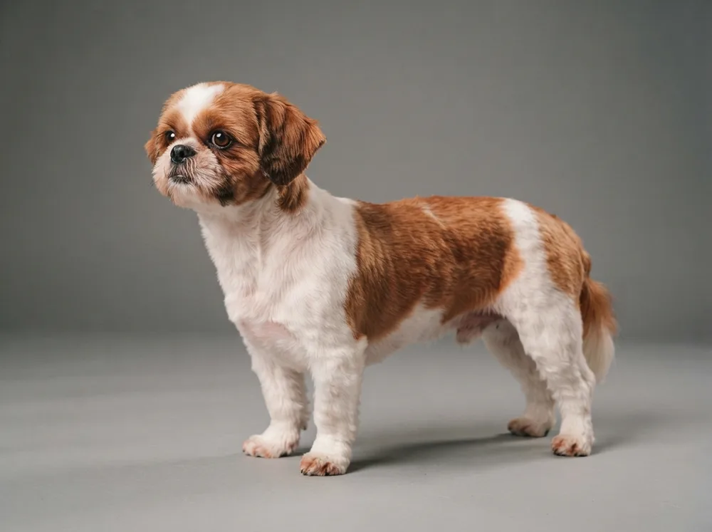 Healthy adult Shih Tzu standing in profile with bright clear eyes, the toy lion dog of Tibet and China