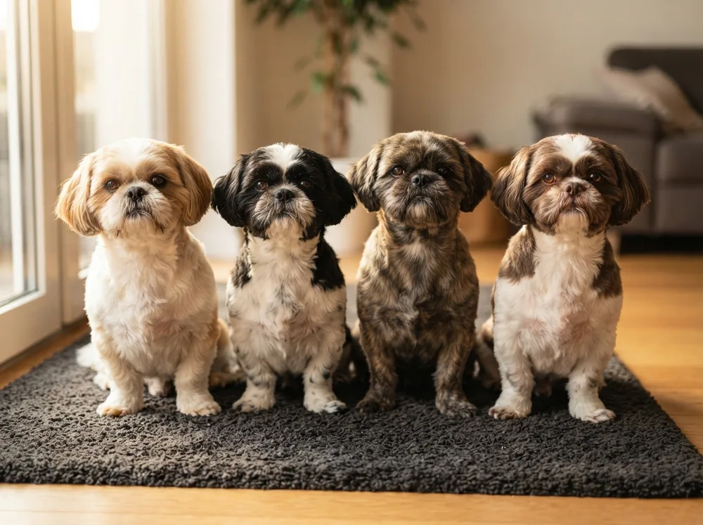 Gold and white, black and white, brindle and liver Shih Tzus sitting together on a dark rug