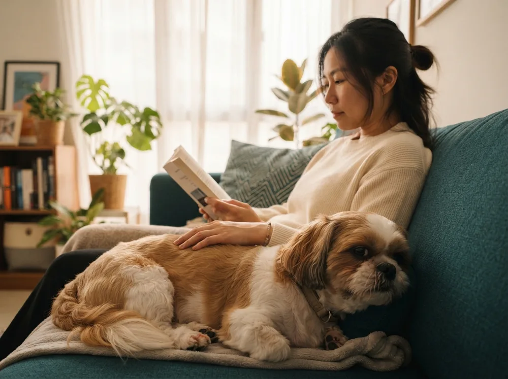 Shih Tzu settled on a teal sofa beside its owner in a Singapore living room